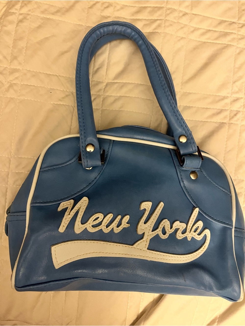 Mini “New York” Bowling Bag – Light Blue Retro Style Handbag